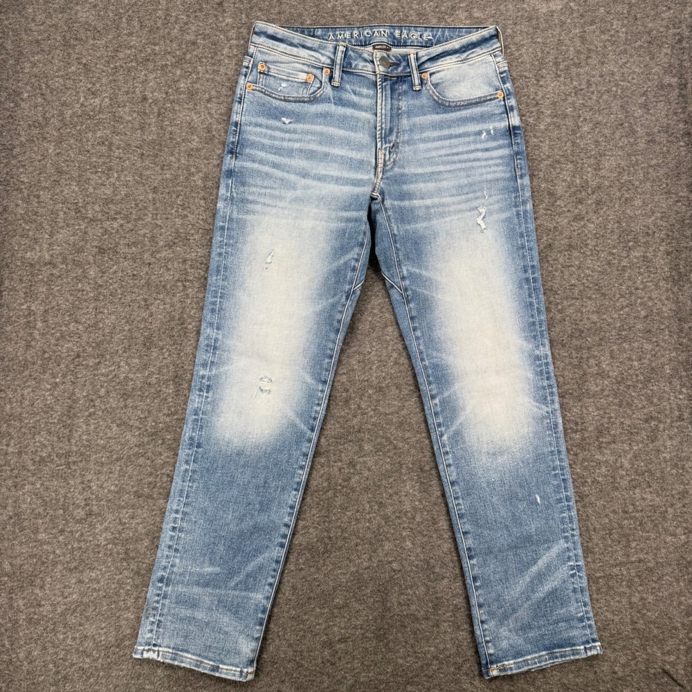American Eagle Mens AirFlex+ Move-Free Slim Straight Light Wash Distressed Jeans
